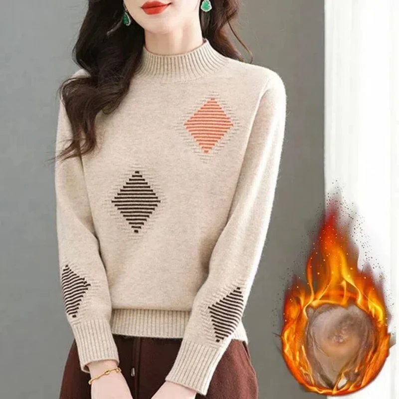 Autumn Winter Women's Clothing Pullover Long Sleeved Sweater Knitted Checkered Striped Contrast Color Screw Thread Chic Tops