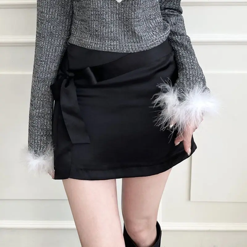 Mini Skirts High-End Satin Large Butterfly Tie Lace Up 2024 New Harajuku Punk Goth Y2K High Waist Women Hip-Covering Skirt