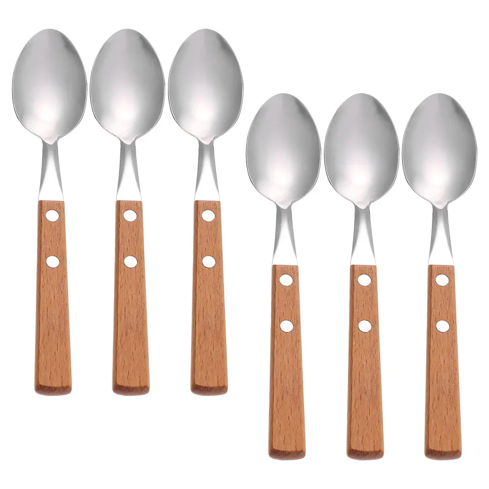 

6 Pcs Wooden H Spoons Stainless Ice Cream Kitchen Serving Curved H Pudding Spoon Dinnerware Spoon