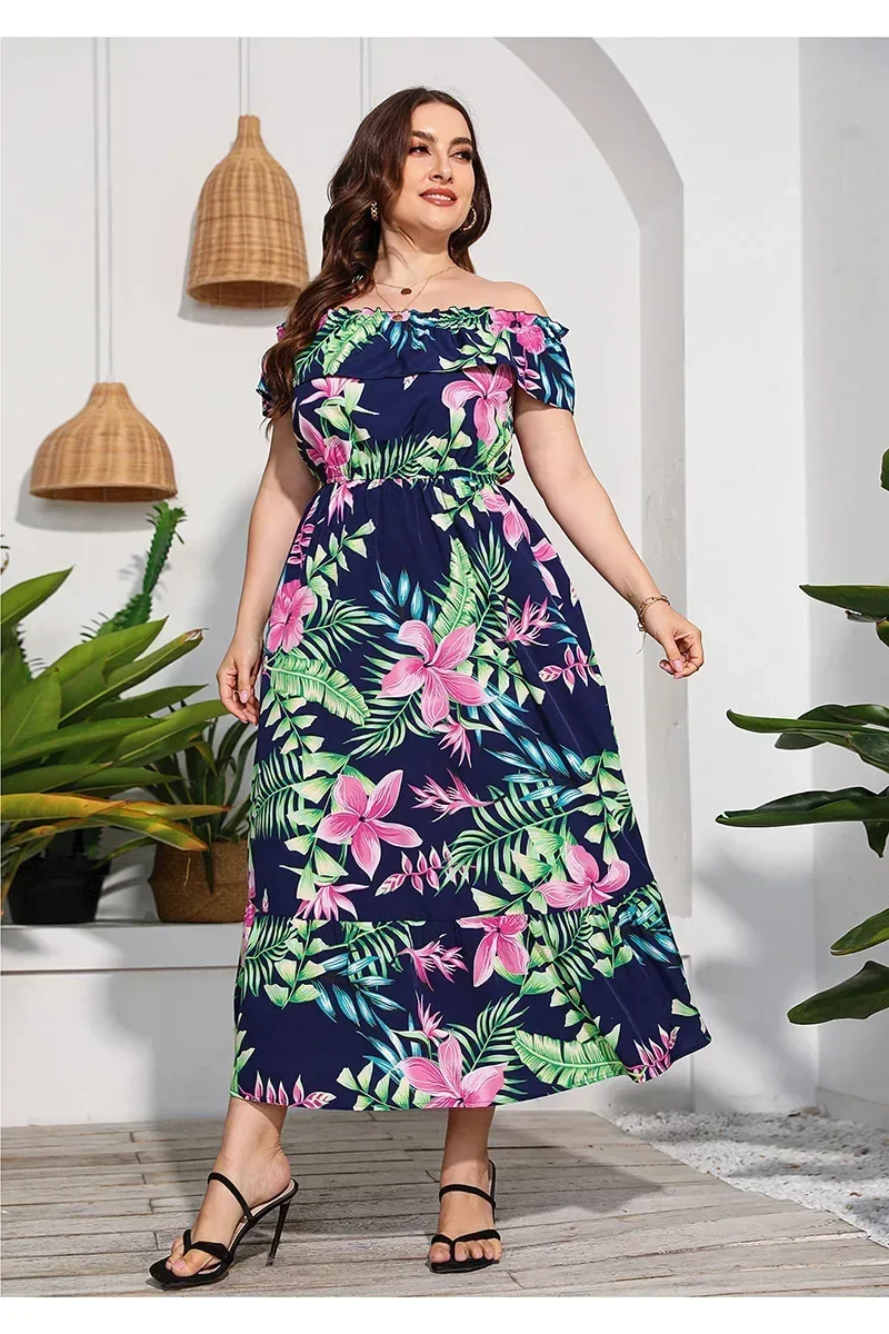 Długie sukienki z odkrytymi ramionami Plus Size Kobiety Casual Loose Sex Beach Dress Office Lady Slash Neck Streetwear Wiosna Lato