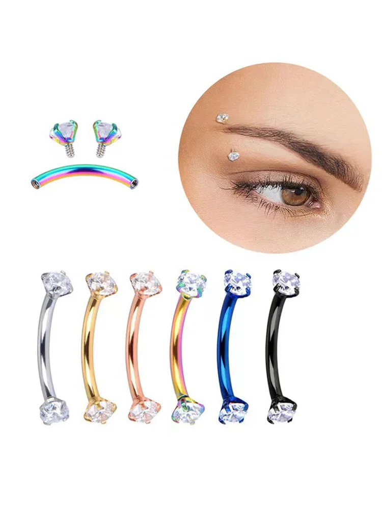 2pcs 16G Clear Cubic Zirconia Internally Thread Curved Barbell Eyebrow Tragus Rings Barbell Body Piercing Jewelry 6/8/10/12mm