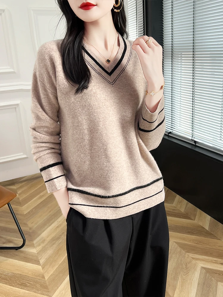 2024 Women's V-Neck Cashmere Pullover Sweater Autumn Winter Long Sleeve Basic 100% Merino Wool Knitwear Female Clothes Top ﻿