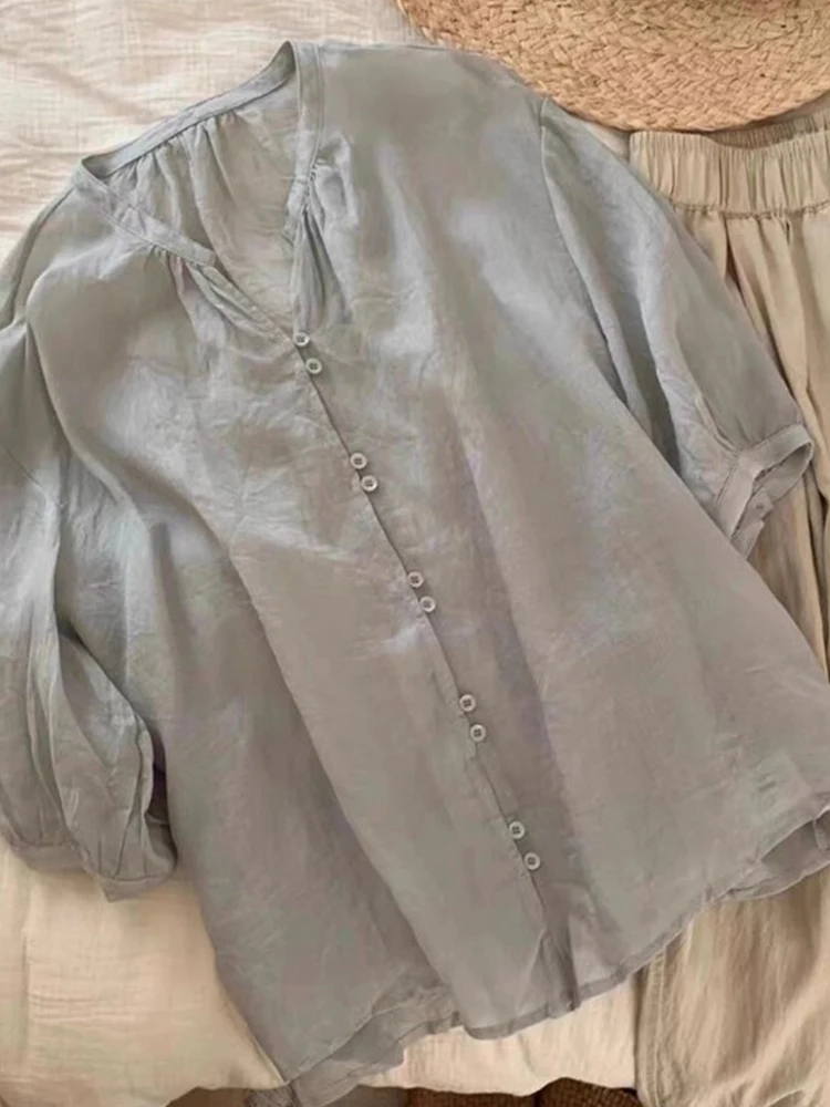 

Casual Cotton Linen Short Sleeve Shirt Women Summer High End Elegant Loose Artistic V Neck Linen Top Vintage Style Button Design
