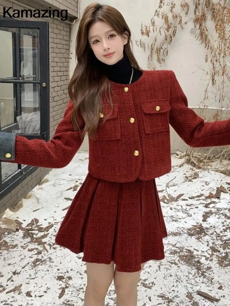 Conjunto de dos piezas de Tweed rojo para mujer, Chaqueta corta, abrigo, minifalda plisada, moda coreana, trajes femeninos elegantes, otoño e invierno, nuevo