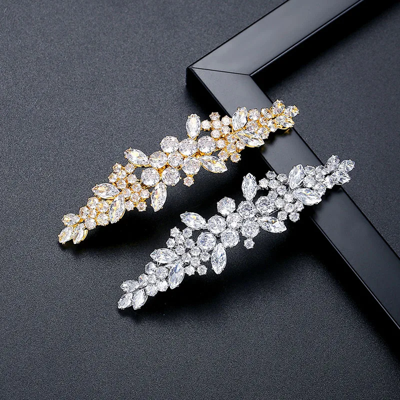 

SLBRIDAL Luxury Trendy Prong Setting Cubic Zircon Women Hair Clip Barrettes Gilrs Bobby Pins Hairgrips Jewelry Hair Accessories