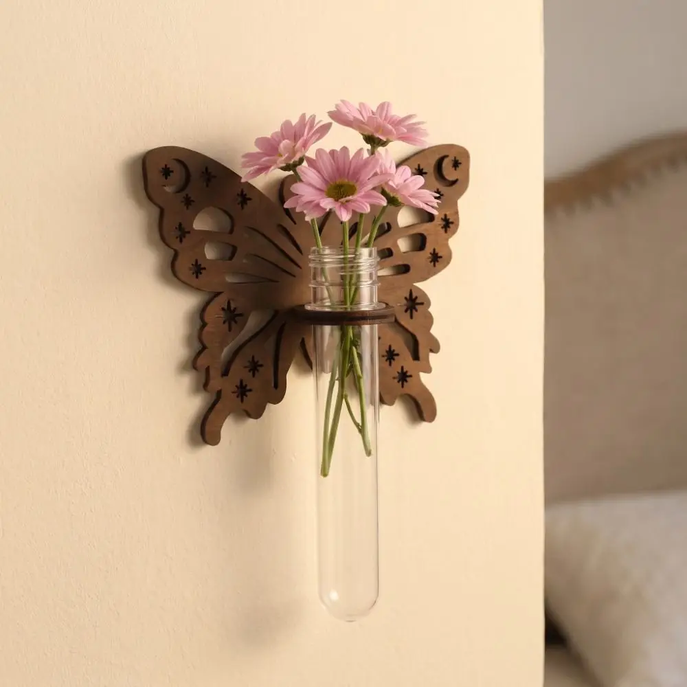 Wooden Hydroponic Planter Shelf Vase Home Ornaments Wall Decoration Hollow Out Butterfly-Shaped Flower Pot Indoor Garden