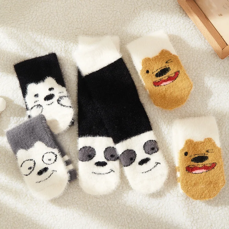 

4 Pairs Women's Socks Set Cartoon Cute Kawaii Sweet Mid Tube Socks Winter Thick Soft Comfort Warm Mink Fur Floor Socks For Girl