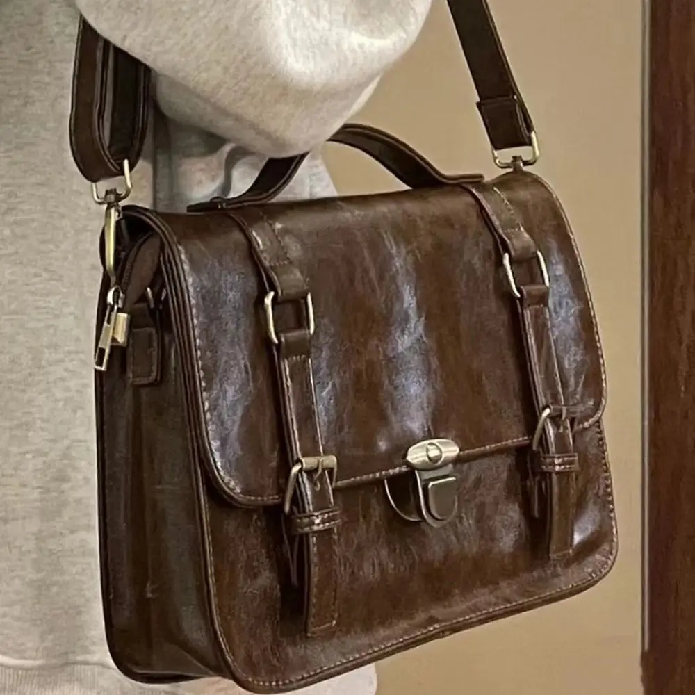 Vintage Buckle Mailman Bag Solid Color Satchel Handbag Retro Shoulder Bag High-capacity Underarm Bag Student Commuting Briefcase