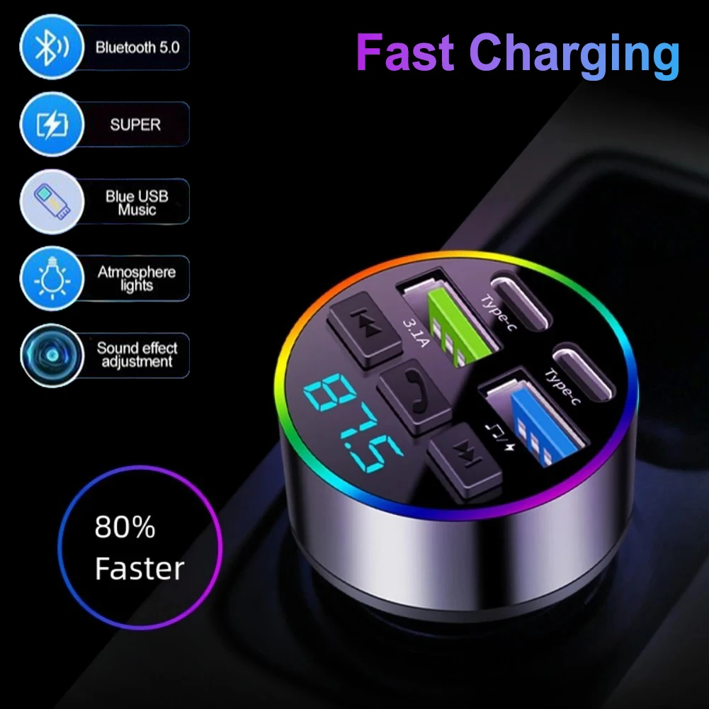 Transmissor FM Bluetooth 5.0 Carregador de carro mãos livres 3.1A USB PD Carregamento rápido MP3 Player de música com display digital para carro
