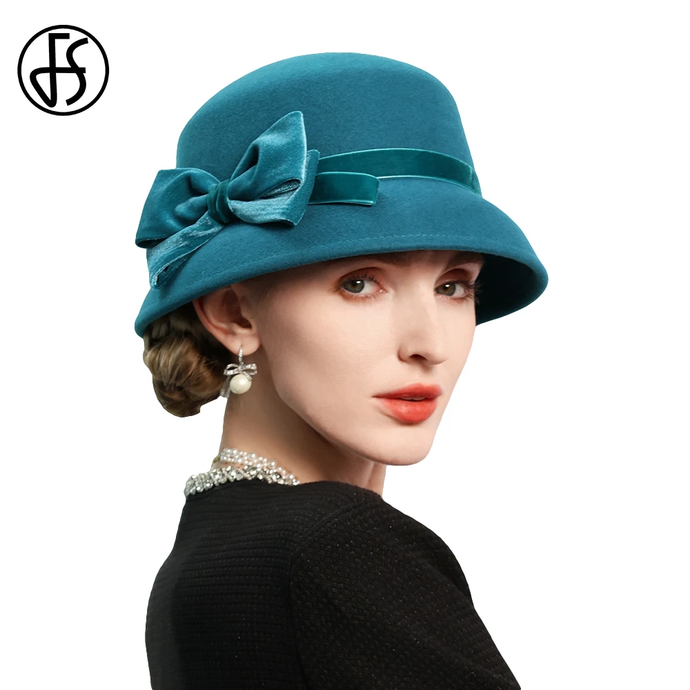 Damski kapelusz Fedora z wełnianego filcu FS British Winter Blue z elegancką kokardą Vintage Bowler Cloche Cap for Lady Church Dress Millinery