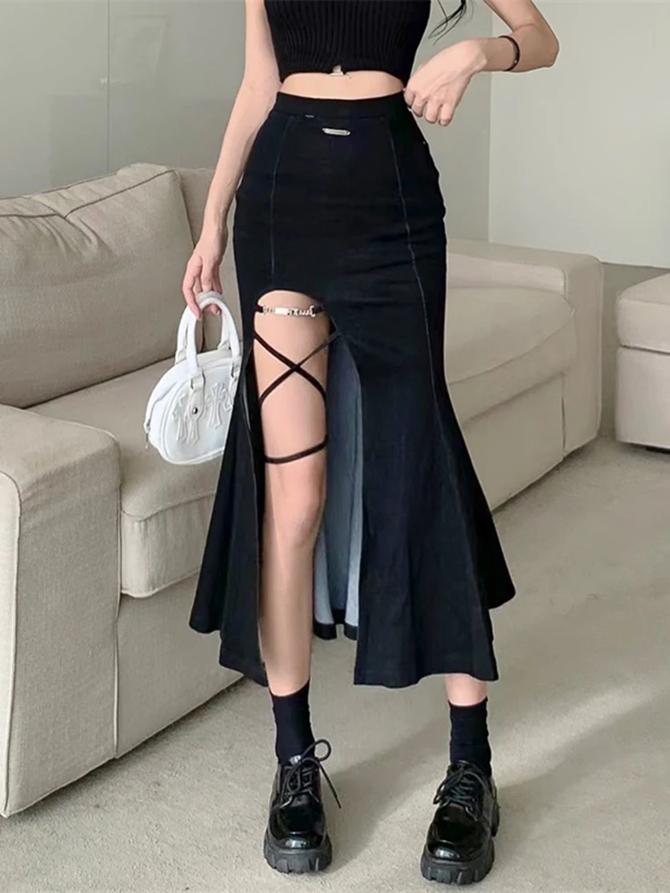 

Sweet and Spicy Girl Tie Up Split Denim Skirt Women's 2024 Summer Skirt Sexy Irregular Wrapped Hip Fish Tail Long Dress