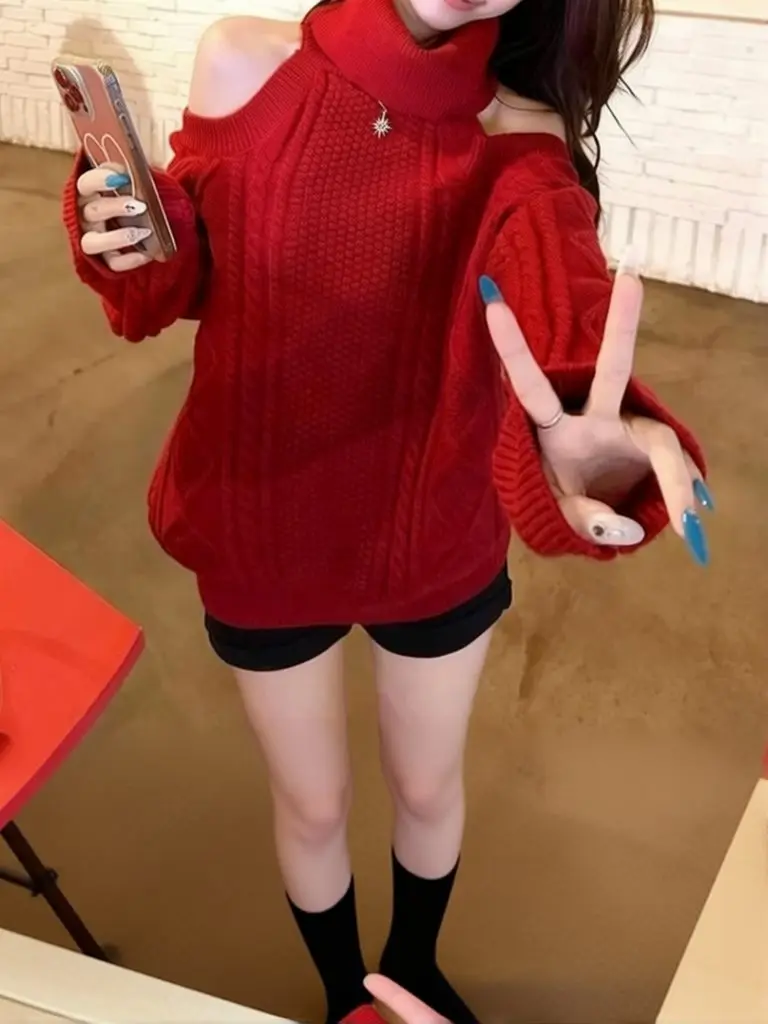 Cozy Off Shoulder Turtleneck Sweater Women Cable Knit Christmas Red Long Sleeve Pullover Outerwear Coat Winter Hollow Out Sexy