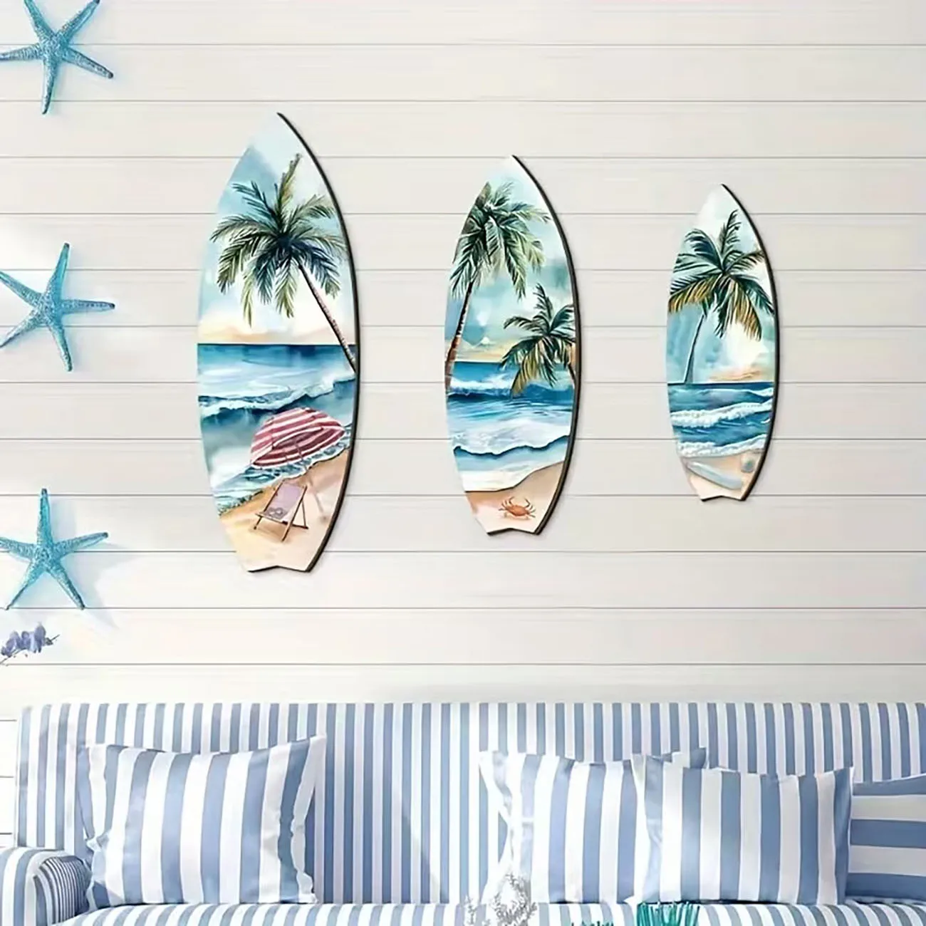 3pcs Ocean View Surfboard Wooden Wall Art Set with Double-Sided Nano Tape, Palm Tree Beach Wood Decor for Summer Home view 2