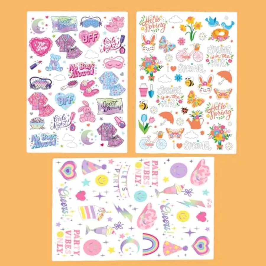

Girls Sleepover Party Temporary Tattoos, 78+ Styles, 3 Sheets, Spring and Party Theme Designs, Birthday Party Favors/Movie Nigh