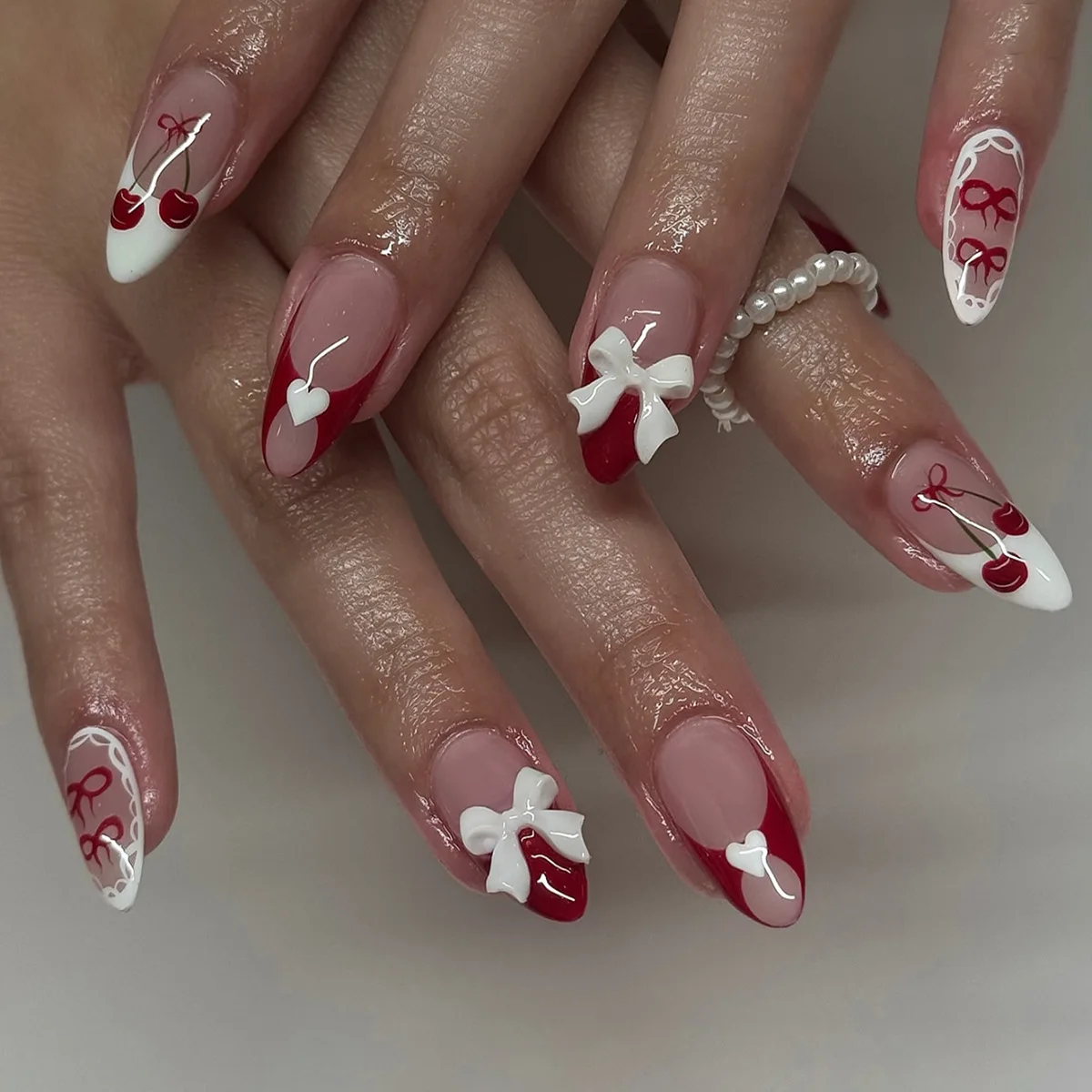 

24Pcs Red White Lace French False Nails Mid-length Almond Wearable Press on Fake Nails 3D Bow Cherry Heart Full Cover Nails Tips