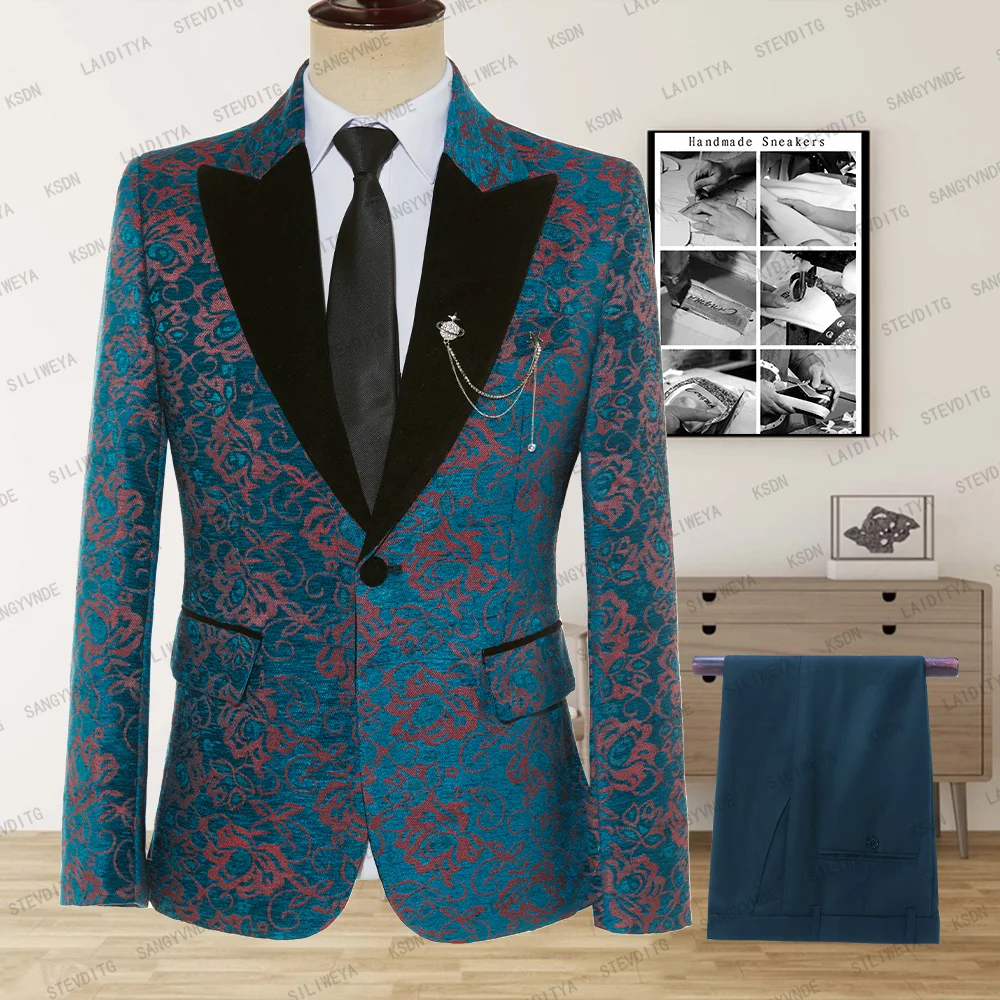 

2023 New Men's Blue Casual Business Boutique Red Flower Print Black Peak Lapel Suit Two Piece Set Men's Blazers Coat