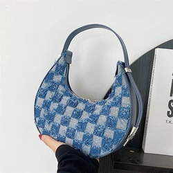 Borsa a tracolla alla moda Borsa a mezzaluna alla moda Borsa a tracolla da donna retrò con giunture in denim scozzese bicolore