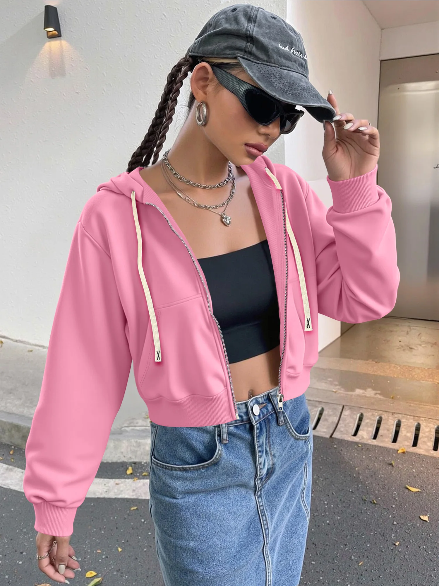 

Women All-Match Cropped Hooded Sweatshirt, Zip Up Jacket With Drawstring, Long Sleeve Casual Streetwear Tops