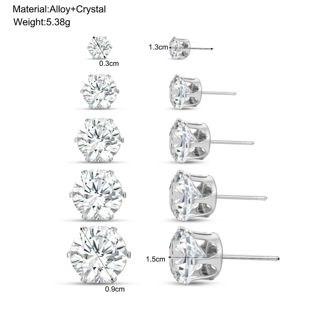 10PCs Shiny CZ Cubic Zirconia Paved Stud Earrings Set for Women Men Unisex Gold Color Alloy Simple Fashion Party Earring Jewelry