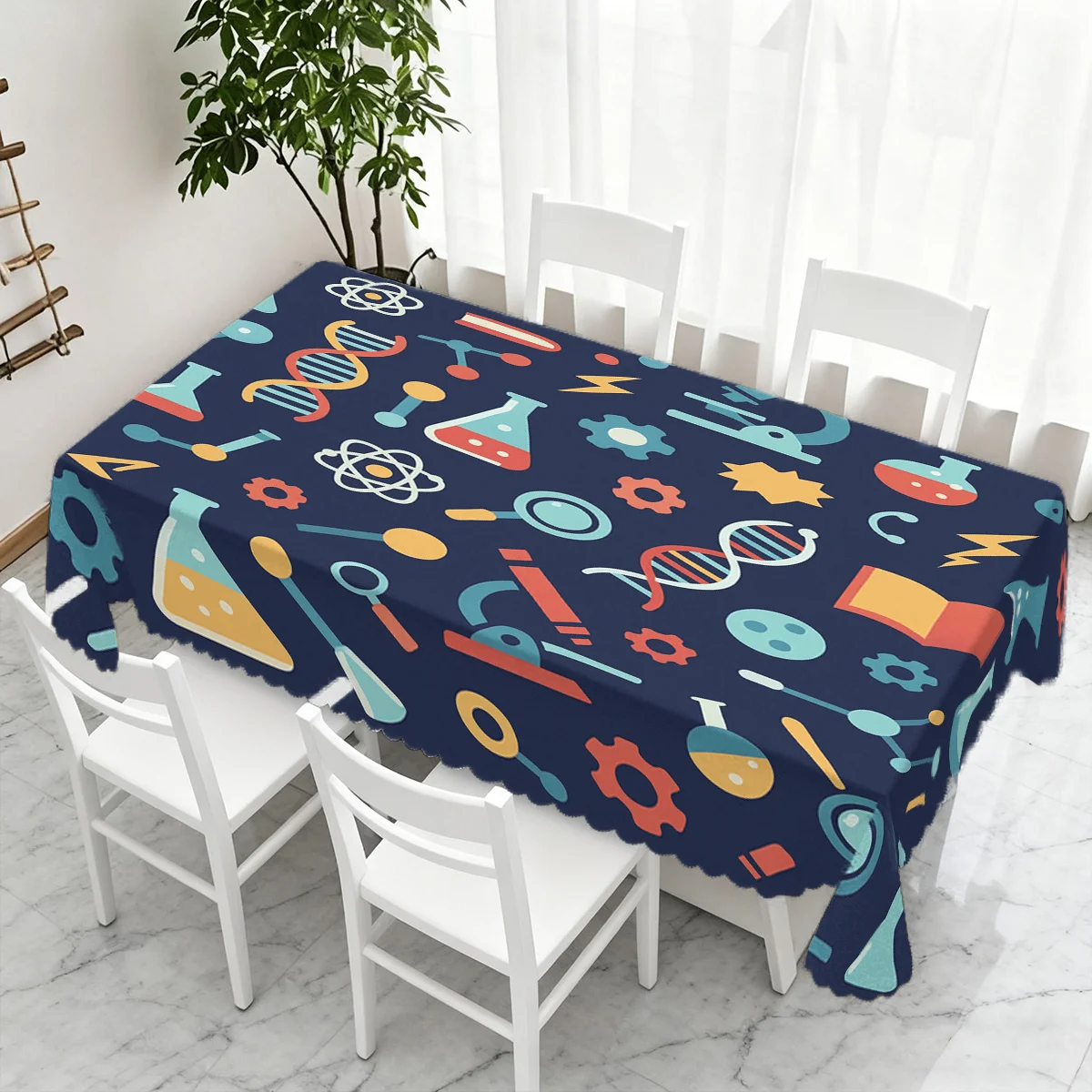 Cute Science Lab Element Repeat Pattern Waterproof Tablecloth, Rectangular Cover for Home Dining Kids Science Themed Party Decor