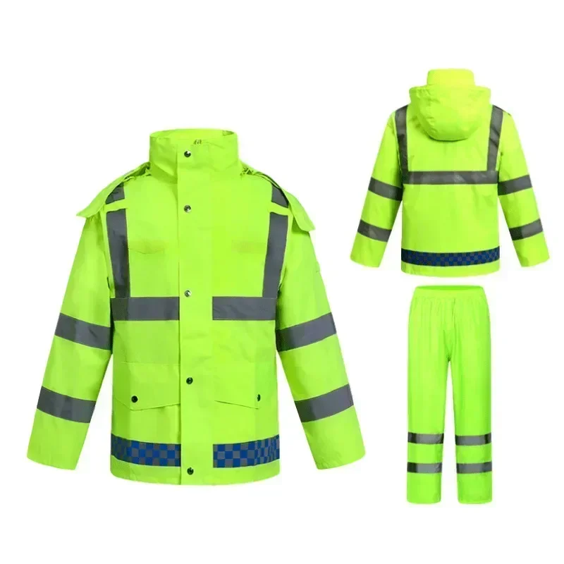 Reflective Raincoat Rain Pants Suit Traffic Sanitation Patrol Split Safety Waterproof Poncho Rain Raincoat Poncho Men Women