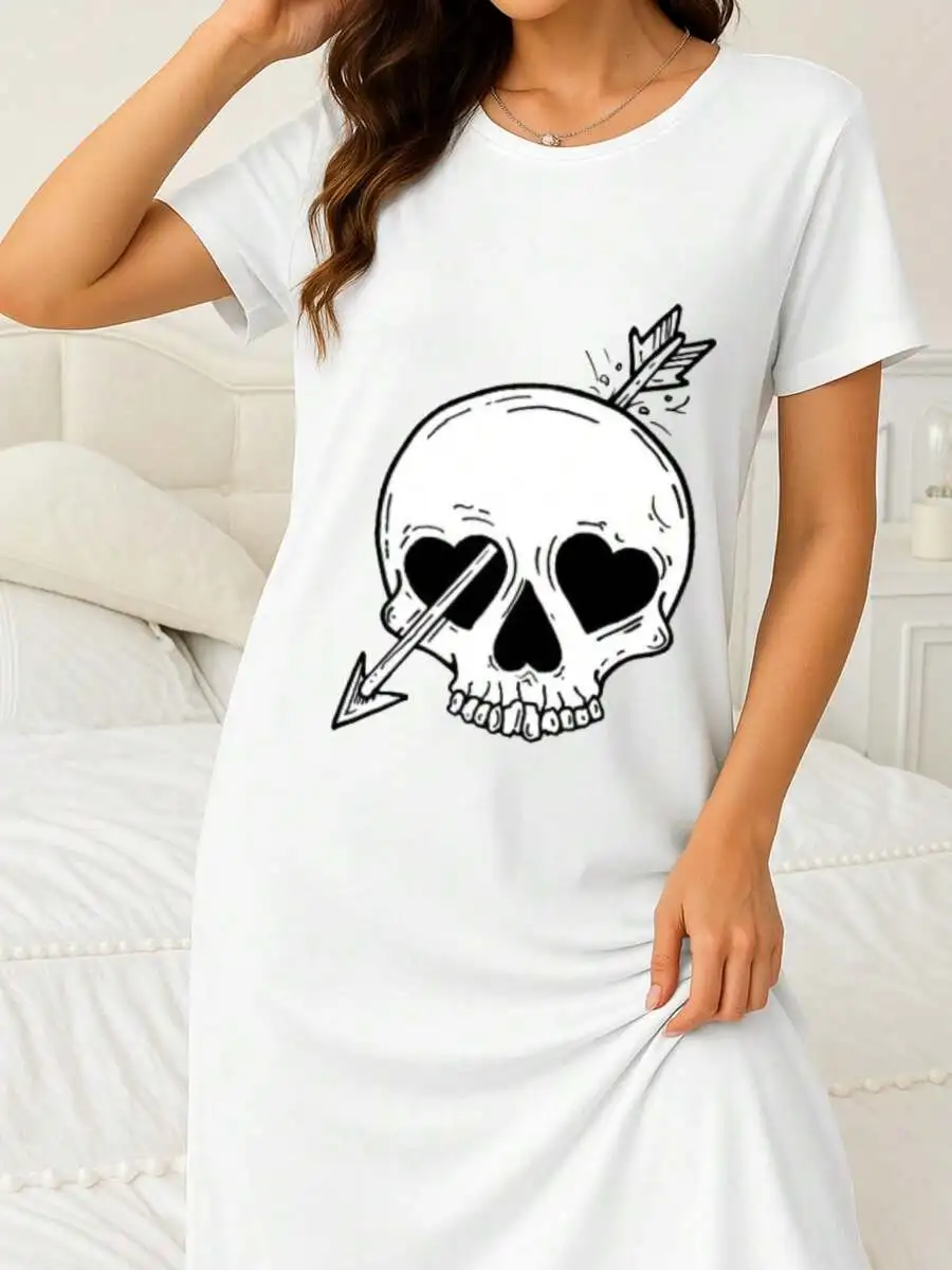 

Womens Skull And Arrow Print Cotton Nightgown Short Sleeve Round Neck Sleepwear