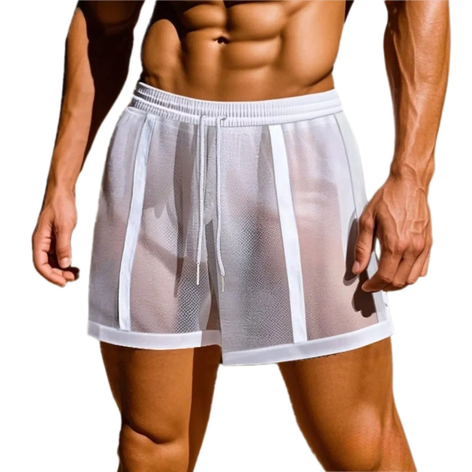 

Men’s See Through Shorts Summer Drawstring Elastic Waist Sheer Boxer Briefs Lounge Pants Mesh Trunks for Beach Surfing Swimming