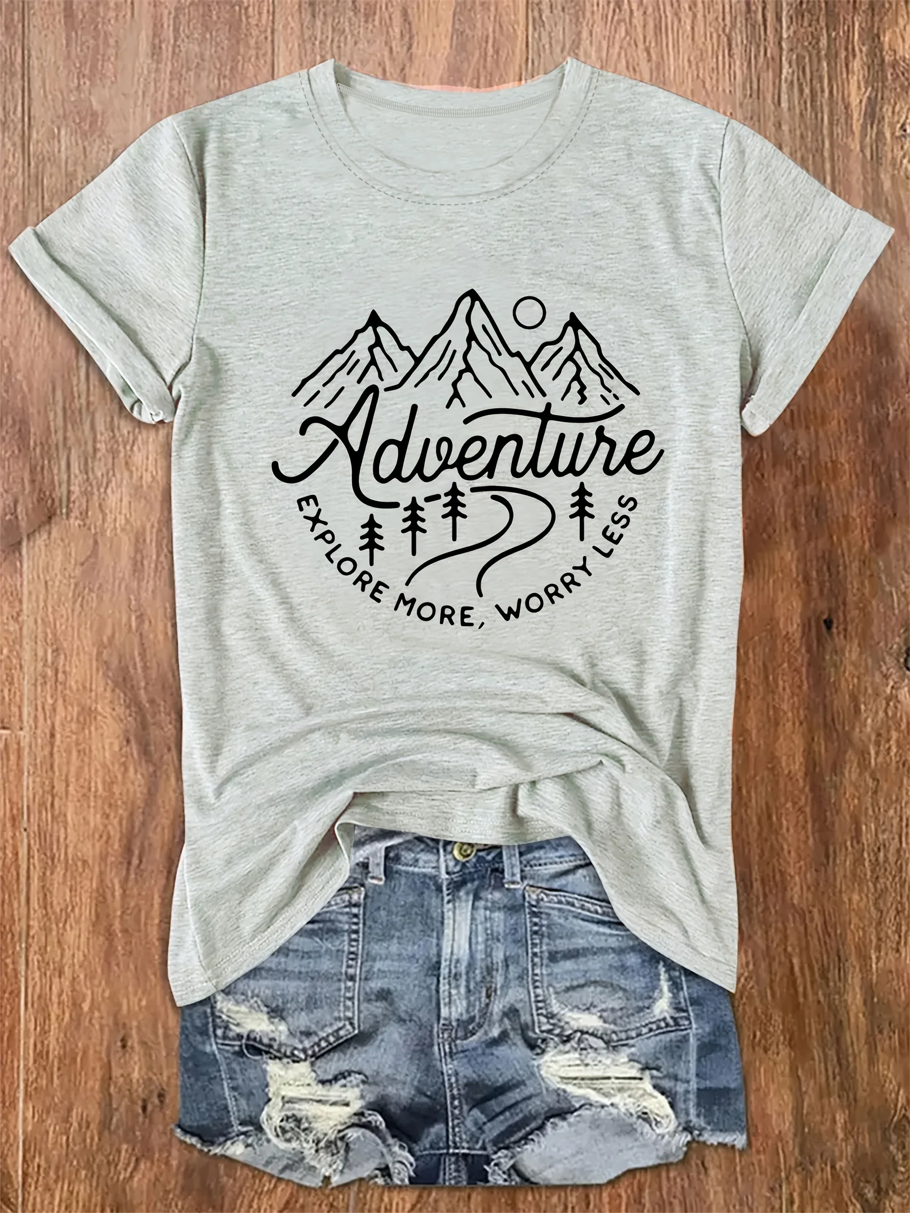 Adventure Explore More Worry Less Women's Tee - Mountain Graphic, Casual Outdoor Top