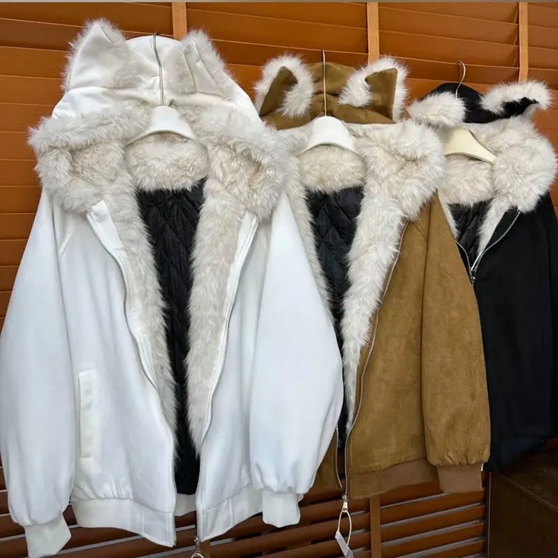

New Vintage Cute Cats Ears Hair Coat Women Winter Jackets Hoodies Cotton Jacket Warm Couples Thickened Women Clothing