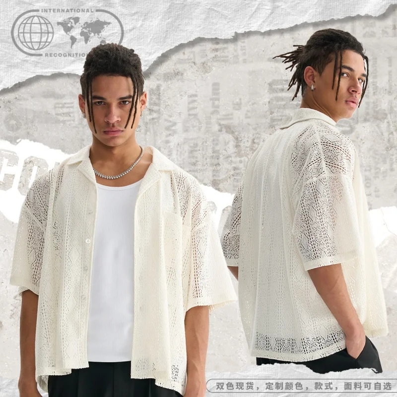 

Summer high-end men's shirts hollow mesh crochet shirts summer casual see-through men's lace cardigans luxury brands