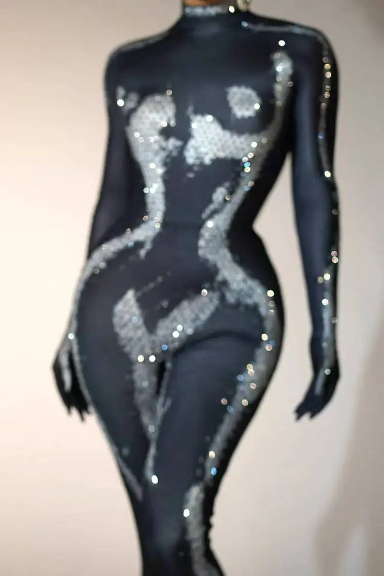 Mono elástico con diamantes de imitación brillantes para mujer, traje Sexy de manga larga para fiesta en discoteca, cantante, bailarina, ropa de escenario