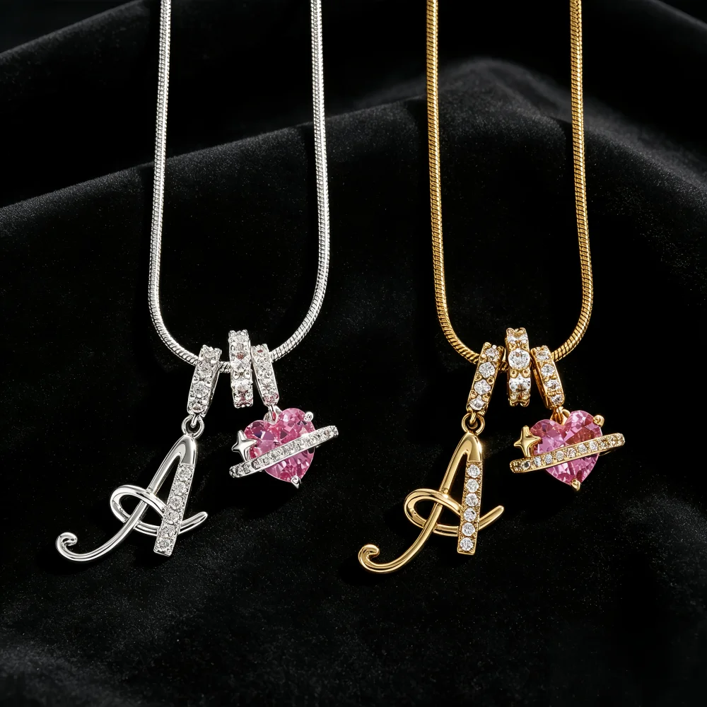 Image of Goldfarbene Zirkon-Blumen-Anhänger-Halskette für Damen, A-Z, 26 Buchstaben, Alphabet, Hochzeitsschmuck, Geschenk für Frauen