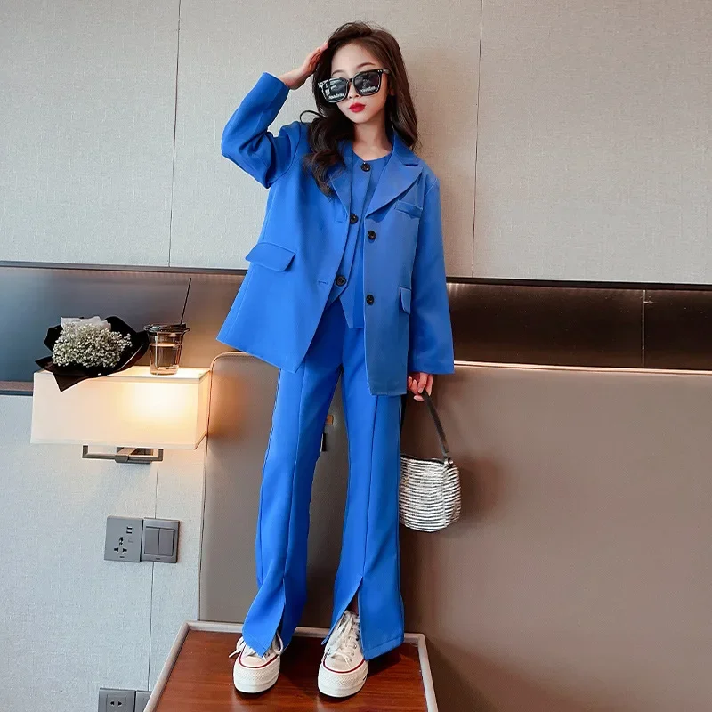 Girls Blazer Suit Vest Jacket Trousers 3pcs Teenage Children Clothing Set 2023 Autumn Casual School Kids Outfits 12 13 14 Years