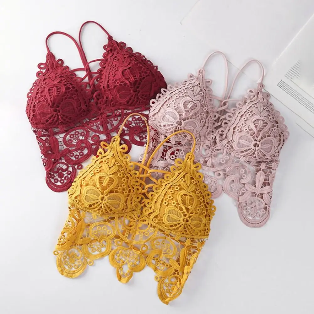 

Sweet Vest Bohemian Style Camisole Hollow Out Beachwear Deep V Bra Crop Top Lingerie Lace Wireless Bra Vacation