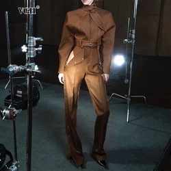 VGH Fashion 2 Piece Set for Women Stand Neck Long Sleeve Spliced Bow Top High Waist Patchwork Button Pant Suit Female Autumn New