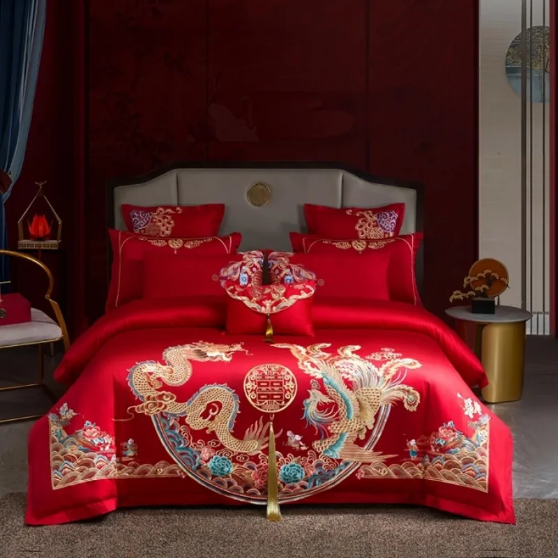 

Luxury Golden Loong Phoenix Embroidery Bedding Set, 100% Cotton, Chinese Wedding, Red Duvet Cover, Bed Sheet, Pillowcases,4/6Pcs