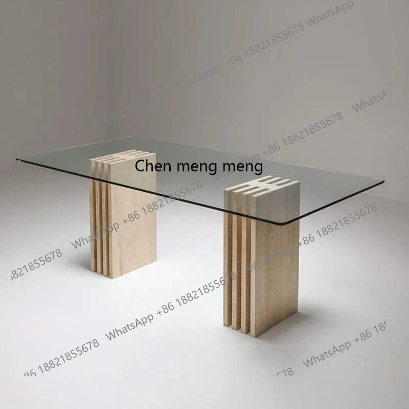 

Natural travertine dining table round marble dining table household stone luxury stone retro round table