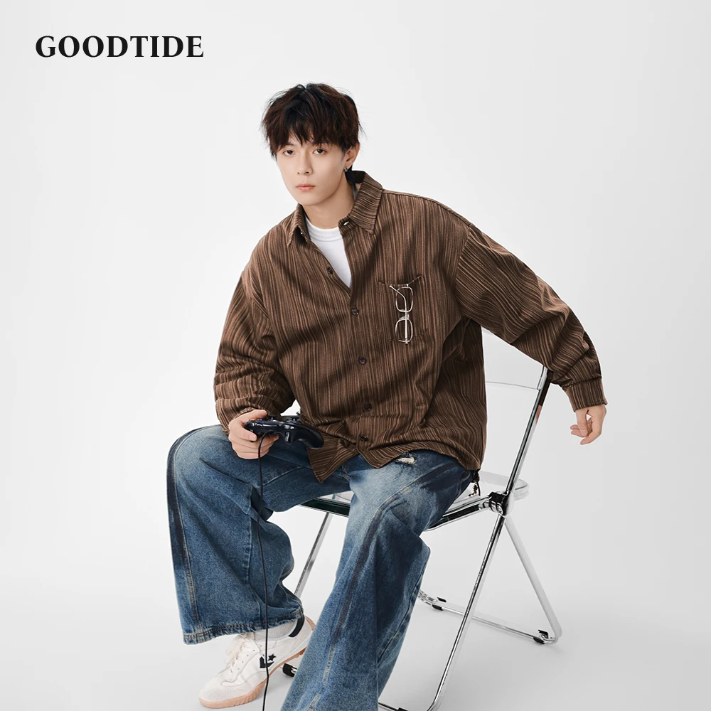 2025 Spring Autumn Men's Casual Long Sleeve Shirt Fashion Vertical Striped Pattern Chest Pocket Design Comfortable Button Up Top