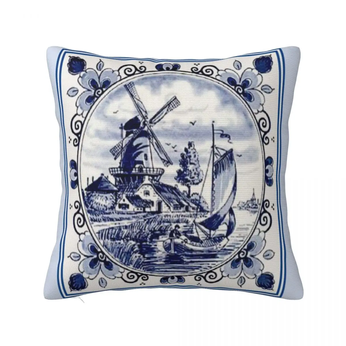 DUTCH BLUE DELFT Vintage Windmill Print A Pillow Case