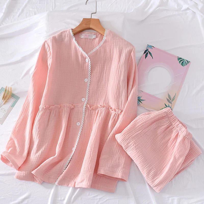 Pigiama da donna in stile giapponese nuovo primavera e autunno set pantaloni a maniche lunghe in crepe di cotone pigiama da donna per servizio a