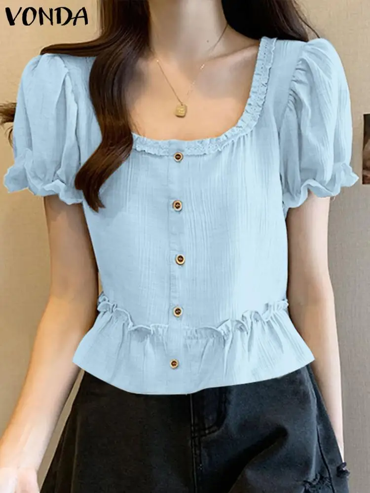 VONDA 2024 Fashion Women Shirts Short Sleeve Blouses Summer Casual Loose Square Collar Tunic Tops Button Ruffled Blusas Feminina