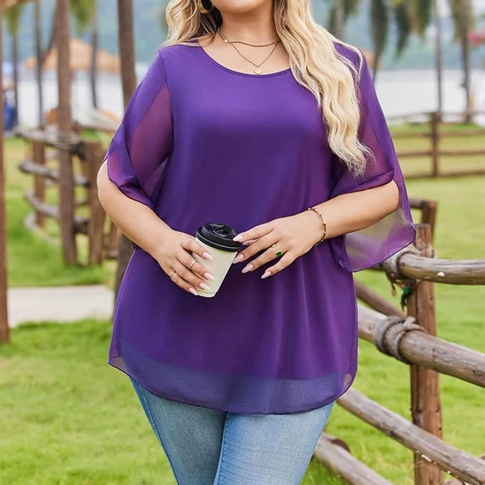 

Женская свободная повседневная блузка больших размеров, однотонная, с круглым вырезом, свободный крой, летняя тонкая шифоновая футболка