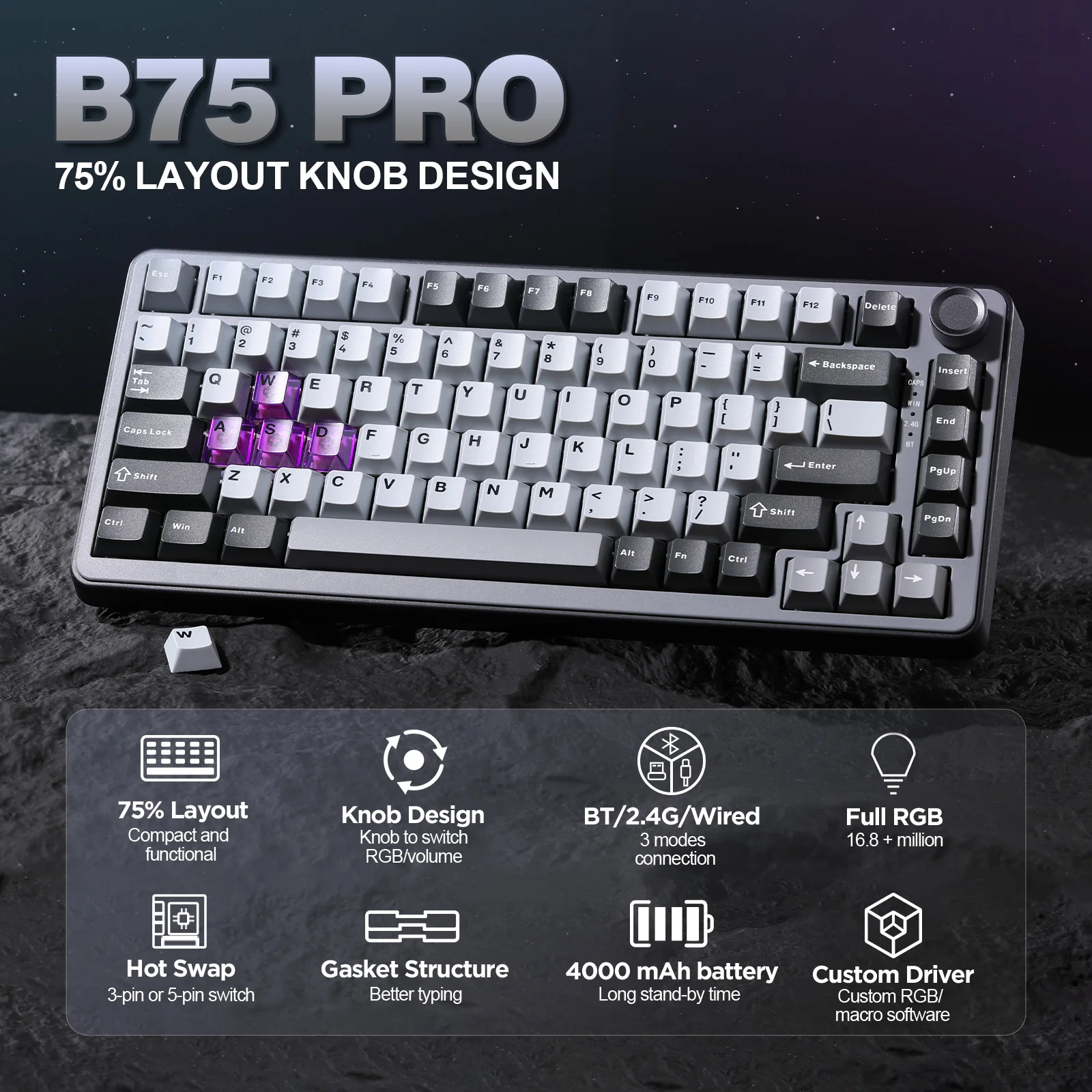 YUNZII B75 PRO Dark Gray 75% Wireless Mechanical Gaming Keyboard, Gasket Hot Swap Custom RGB BT/Type-C/2.4G Creamy Knob Keyboard