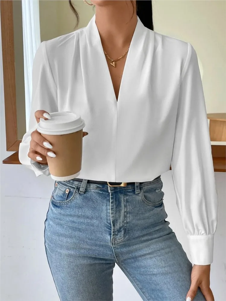 

Casual Long Sleeve Blouse For Woman Tops 2025 Summer Fashion Loose V-neck White Shirts & Blouses Elegant