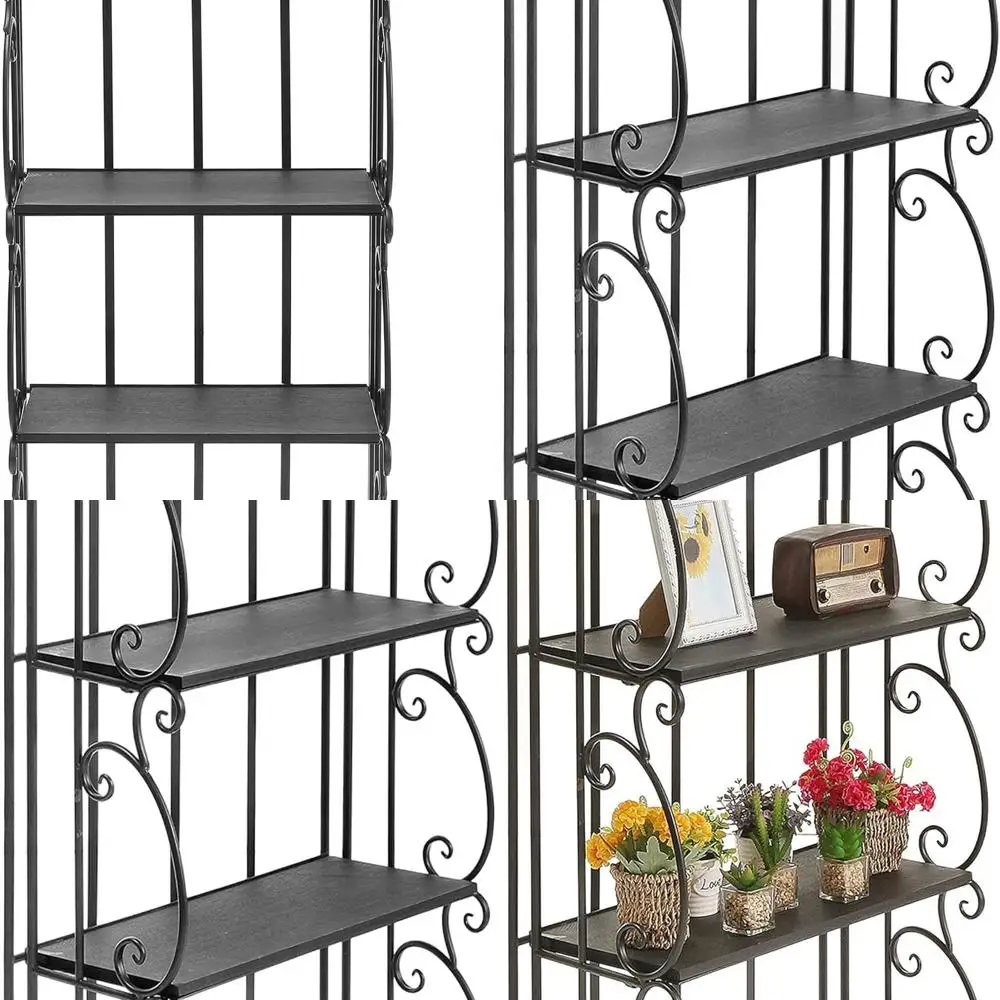 

Черная металлическая декоративная полка с 4 деревянными полками, подставка для комнатных растений и органайзер для хранения