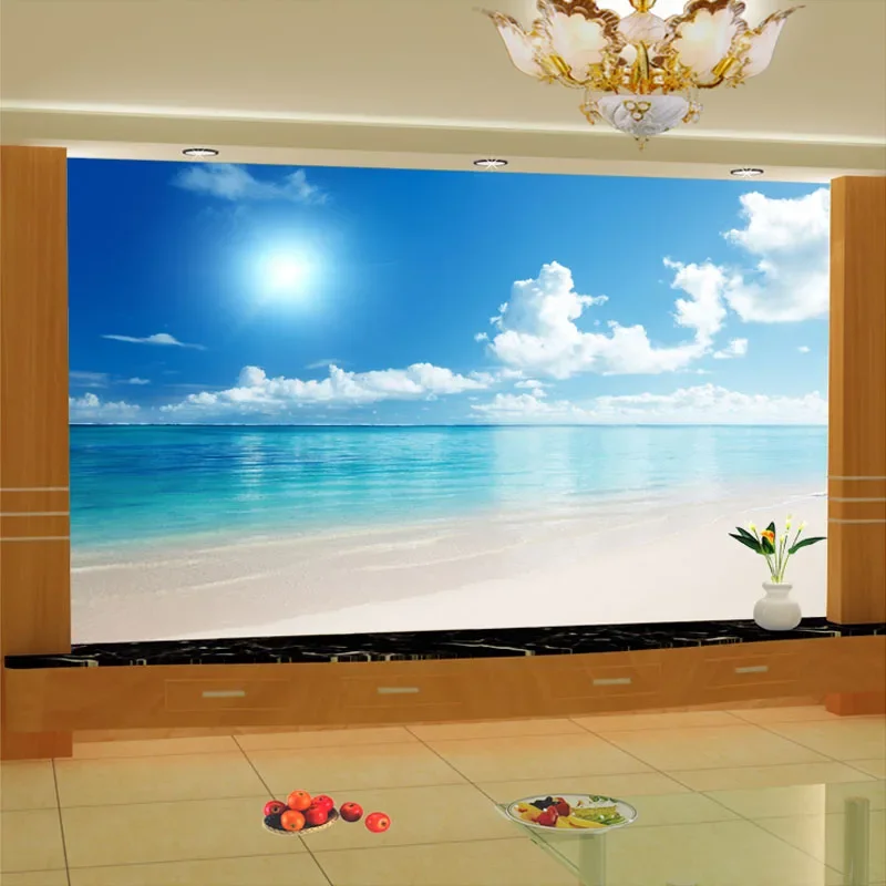 Custom Mural Wallpaper 3D Ocean View Blue Sky And Clouds Beach Living Room Bedroom Wall Covering Wallpaper Papel De Parede 3D