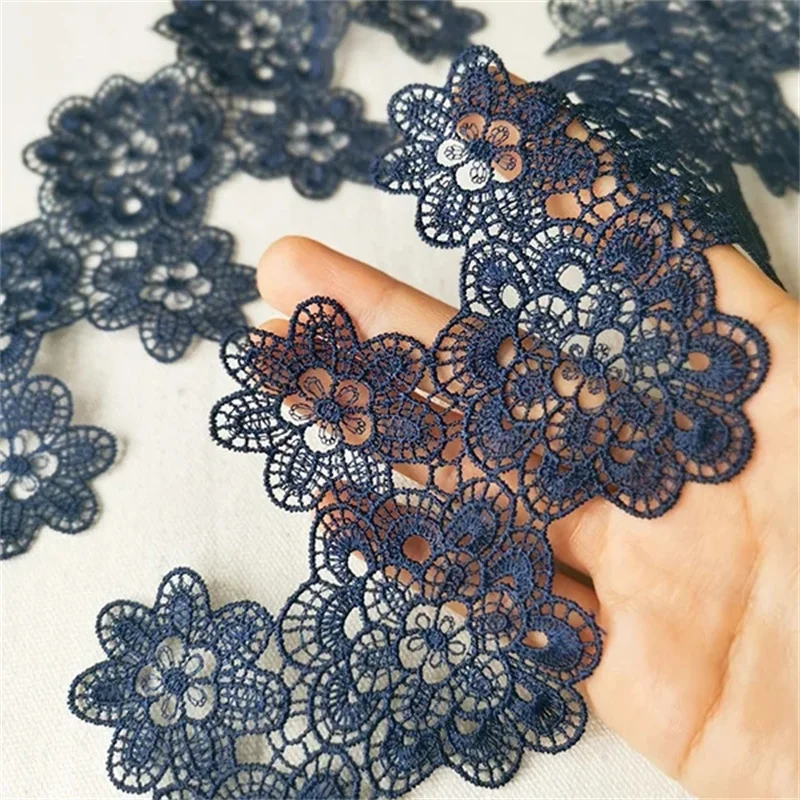 8.5CM Wide Exquisite Navy Blue Cotton Guipure Lace Fabric Embroidered Flowers Fringe Ribbon Collar Trim DIY Dress Sewing Decor