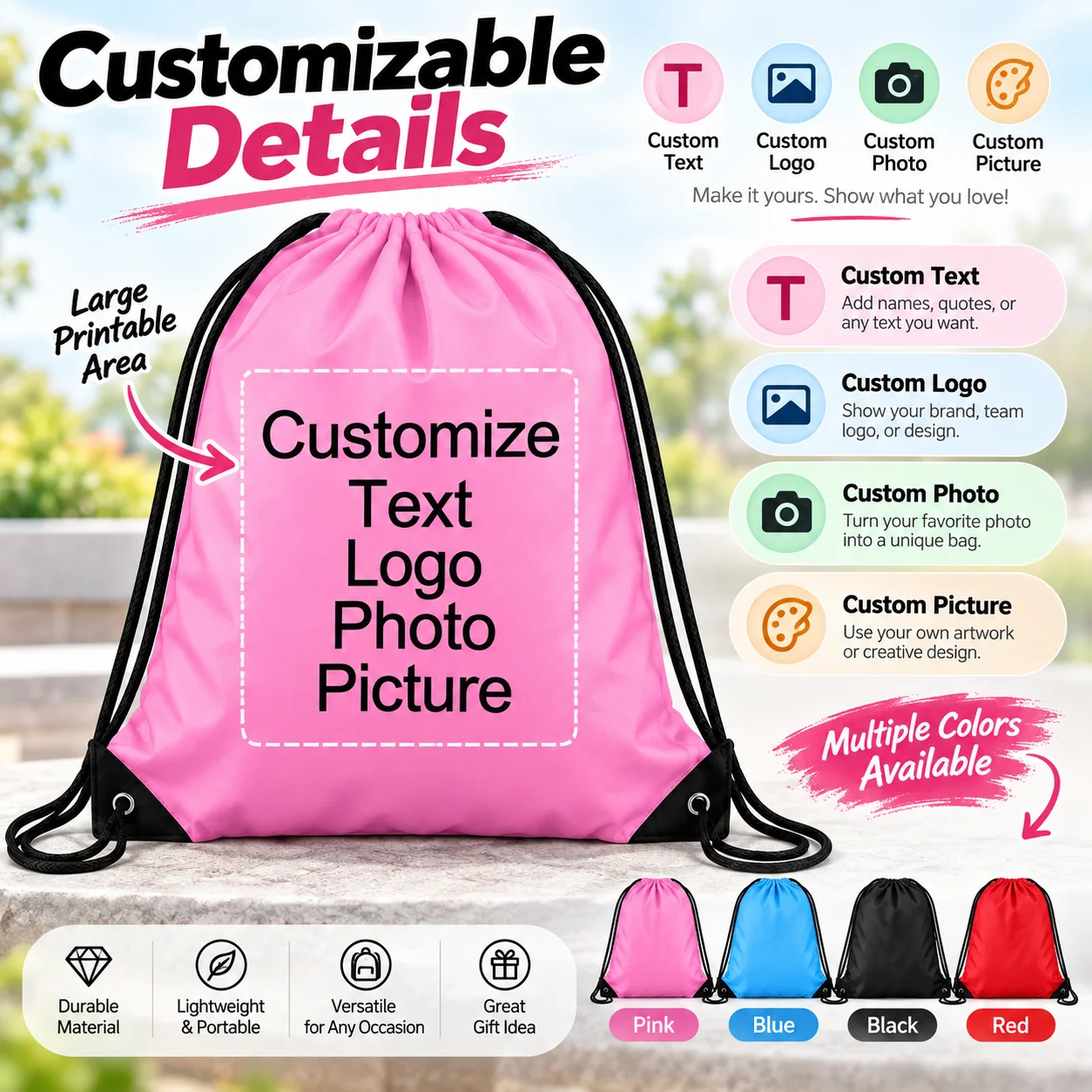 Custom Bag Pattern Drawstring Backpack Personalized String Sack Bags Washable Large Capacity Gym Sackpack for Sports Travel