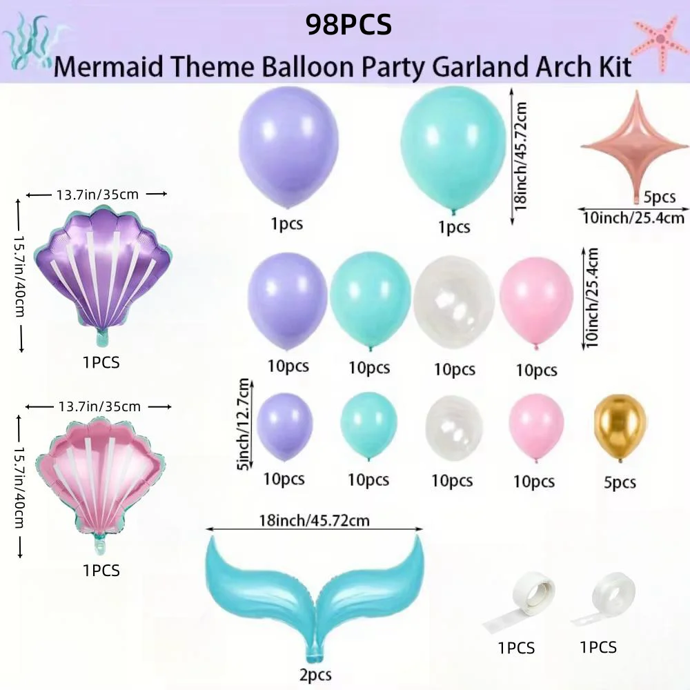 98-Piece Set of Mermaid-Themed Balloon Set Mini Shell Blue Fish Tail Foil Balloons Ocean-Themed Party Decoration Birthday Wedding Scene Arrangement