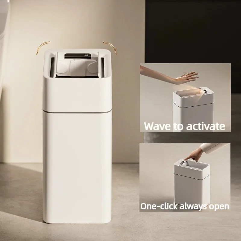 Automatic Sensor Trash Can Touch‑Free Wave Opening Waste Bin One‑Click Permanent Open Mode Large Capacity Bathroom Garbage Bin